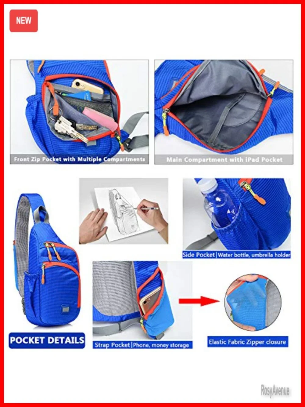 Water Resistant Nylon Sling Backpack Crossbody Daypack with Pockets